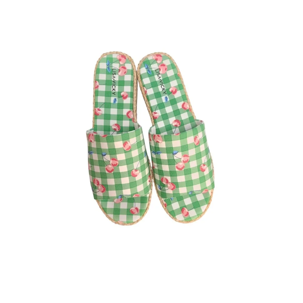 Lisa Vicky Slide Sandals Womens 11 Green‎ Gingham Cherry Platform Excellent